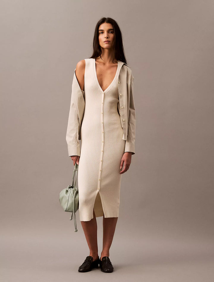Calvin Klein Smooth Cotton Rib Sweater Midi V-Neck Dress