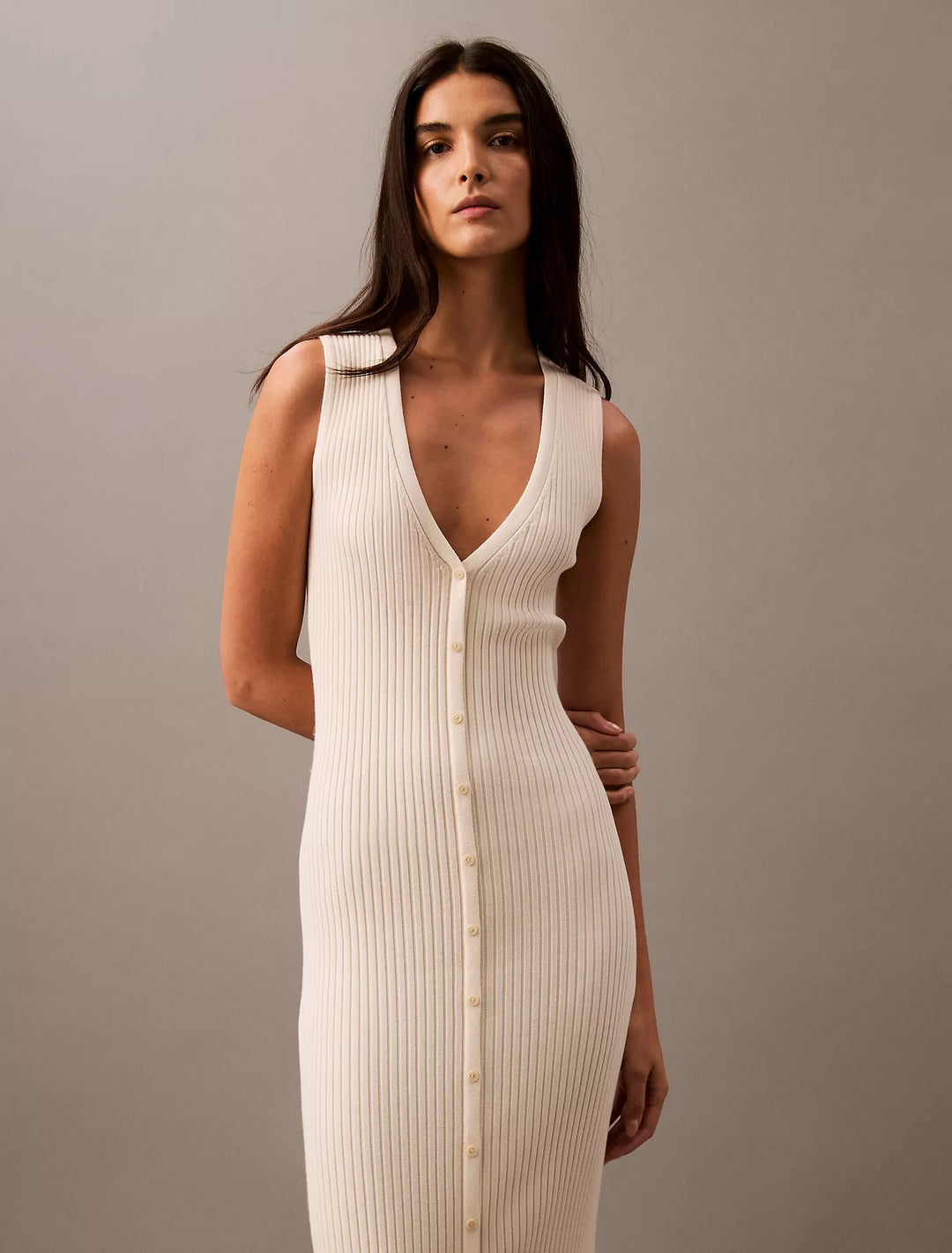 Calvin Klein Smooth Cotton Rib Sweater Midi V-Neck Dress