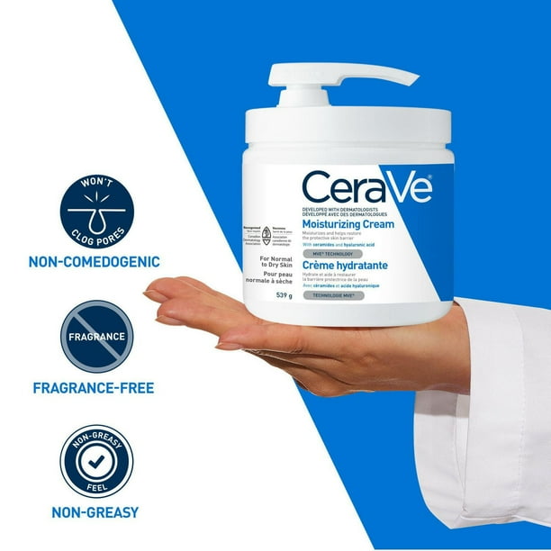 CeraVe Moisturizing Cream with 3 Ceramides and Hyaluronic Acid | Daily Face, Body and Hand Moisturizer for Normal to Dry Skin, Women & Men | Non-Comedogenic, Oil-free, and Fragrance Free - Travel Size, Hyaluronic Acid