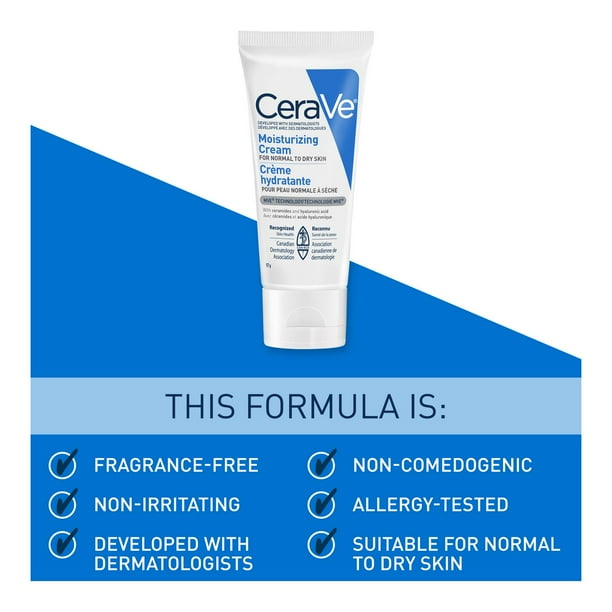 CeraVe Moisturizing Cream with 3 Ceramides and Hyaluronic Acid | Daily Face, Body and Hand Moisturizer for Normal to Dry Skin, Women & Men | Non-Comedogenic, Oil-free, and Fragrance Free - Travel Size, 57 G, 57g