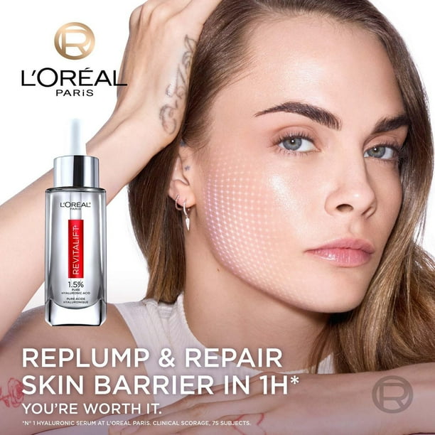 L'Oréal Paris Replumping Hyaluronic Acid Face Serum, Repairs Skin Barrier in 1 Hour
