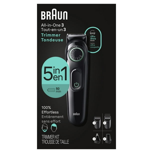 Braun All-In-One Style Kit Series 3 3450, 5-in-1 Trimmer for Men with Beard Trimmer, Ear & Nose Trimmer, Hair Clippers & More, Ultra-Sharp Blade, 40 Length Settings, Rechargeable 50-minute Battery Cor, 1CT