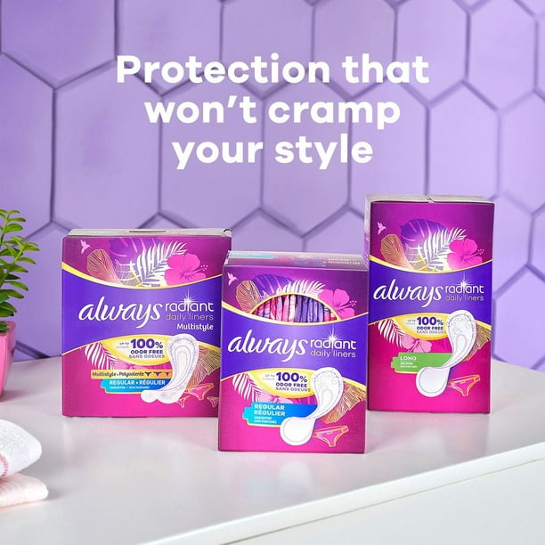 Always Radiant Daily Liners Light Absorbency, Regular Length, Up to 100% Odor Free and Fragrance Free, with Edge-2-Edge Adhesive, 96CT