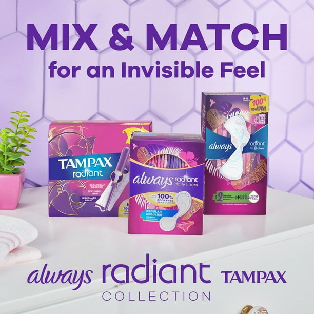 Always Radiant Daily Liners Light Absorbency, Regular Length, Up to 100% Odor Free and Fragrance Free, with Edge-2-Edge Adhesive, 96CT