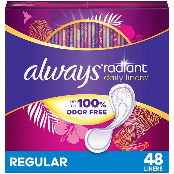 Always Radiant Daily Liners Light Absorbency, Regular Length, Up to 100% Odor Free and Fragrance Free, with Edge-2-Edge Adhesive, 48CT