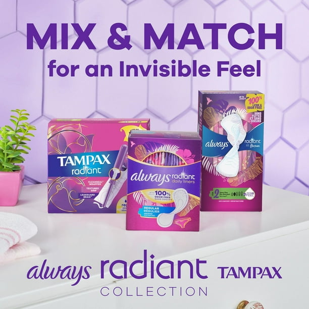Always Radiant Daily Liners Light Absorbency, Regular Length, Up to 100% Odor Free and Fragrance Free, with Edge-2-Edge Adhesive, 48CT