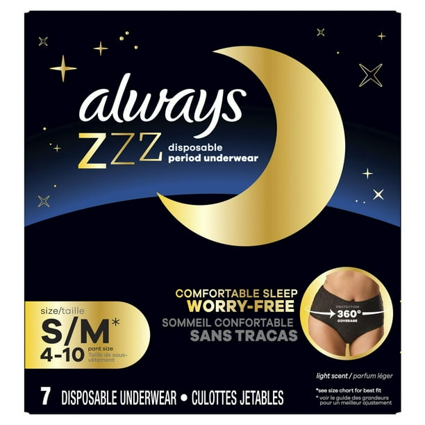 Always ZZZ Overnight Disposable Period Underwear for Women Sz S-M, 360° Coverage for Worry-Free Nights, 7CT