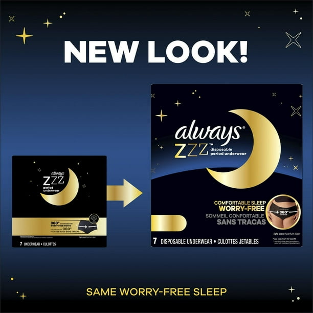 Always ZZZ Overnight Disposable Period Underwear for Women Sz S-M, 360° Coverage for Worry-Free Nights, 7CT