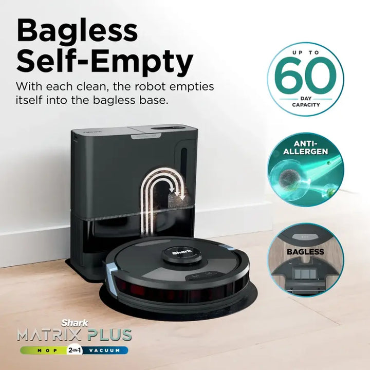 Shark - Matrix Plus 2-in-1 Robot Vacuum & Mop with Sonic Mopping, Matrix Clean, Home Mapping, HEPA Bagless Self Empty, WiFi - Black