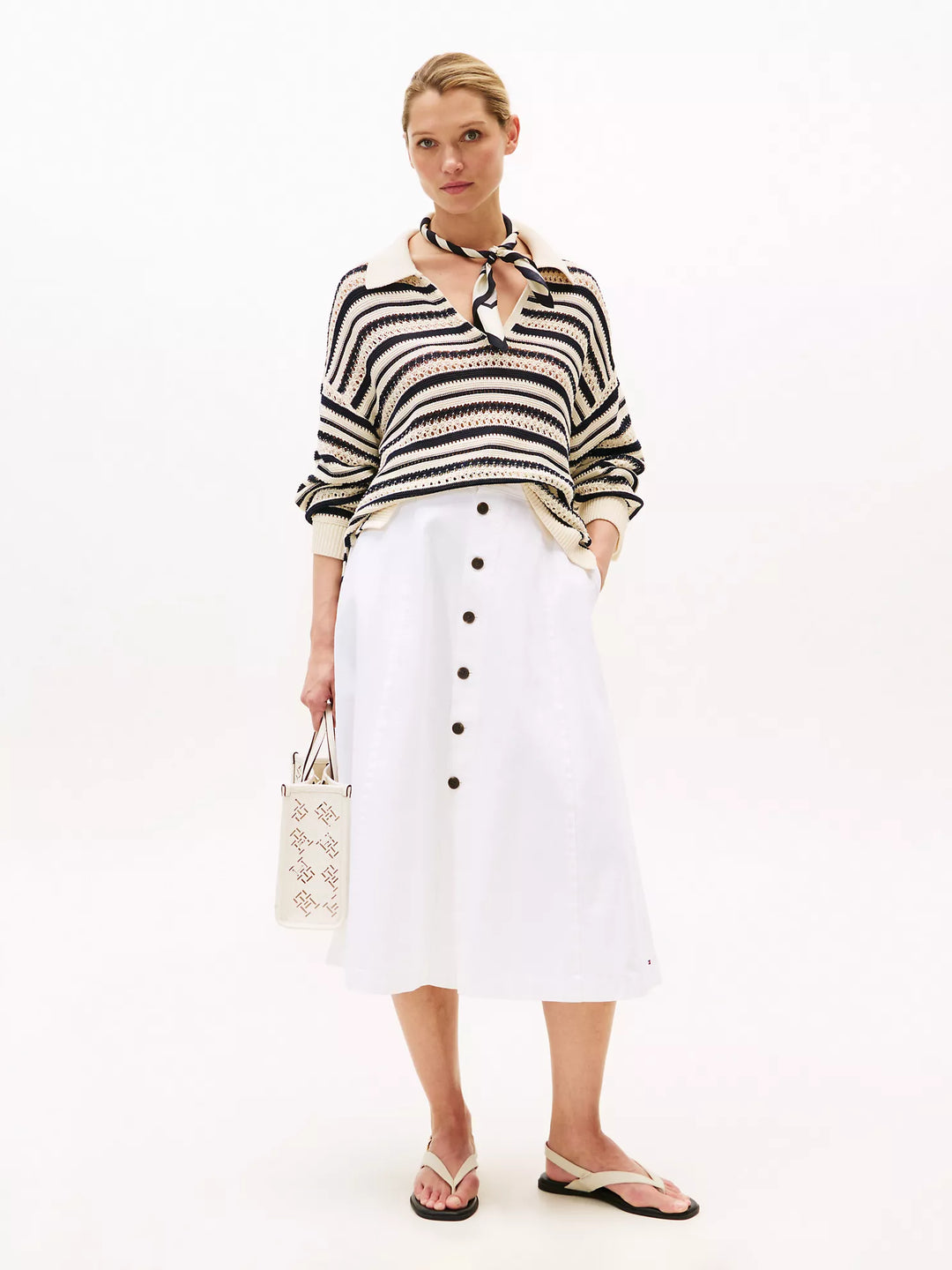 Tommy Hilfiger White High-Rise Flared Denim Skirt