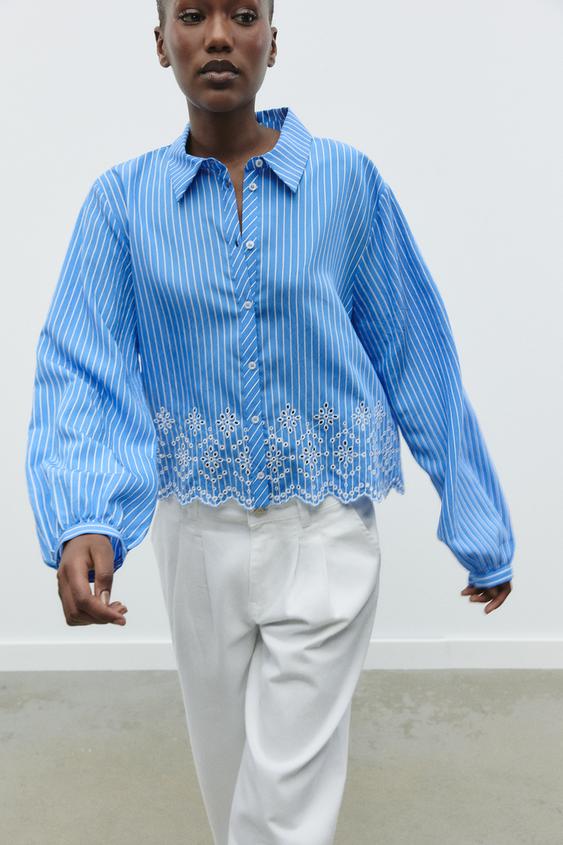 ZARA STRIPED EMBROIDERED EYELET SHIRT