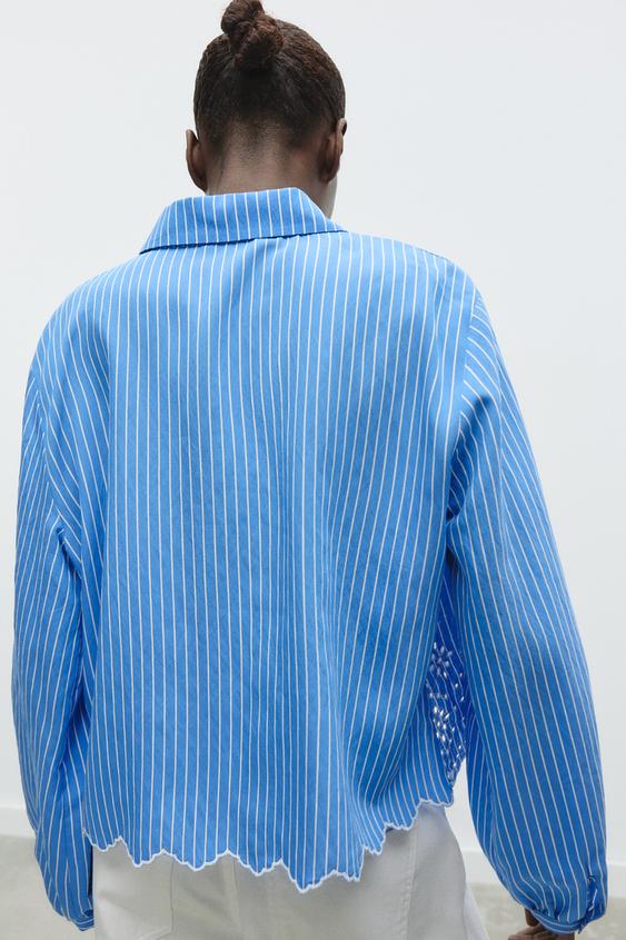 ZARA STRIPED EMBROIDERED EYELET SHIRT