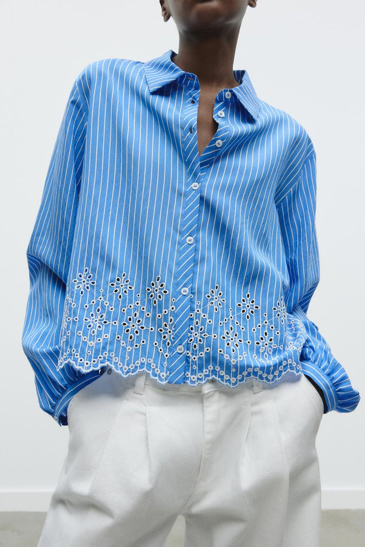 ZARA STRIPED EMBROIDERED EYELET SHIRT