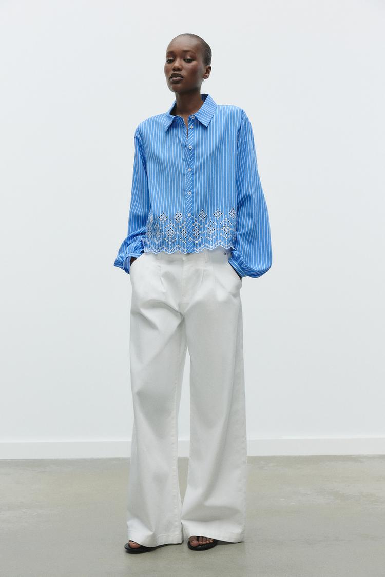 ZARA STRIPED EMBROIDERED EYELET SHIRT