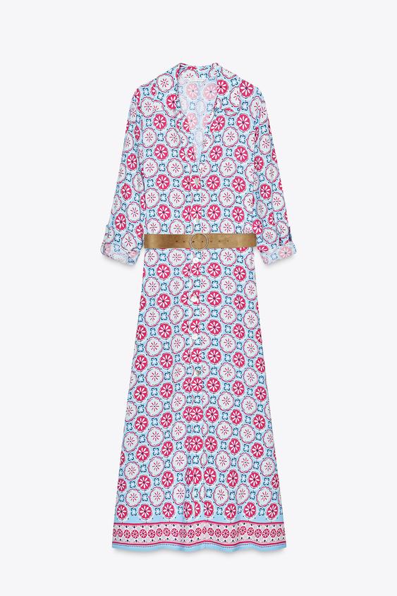 ZARA BELTED PRINT MIDI DRESS