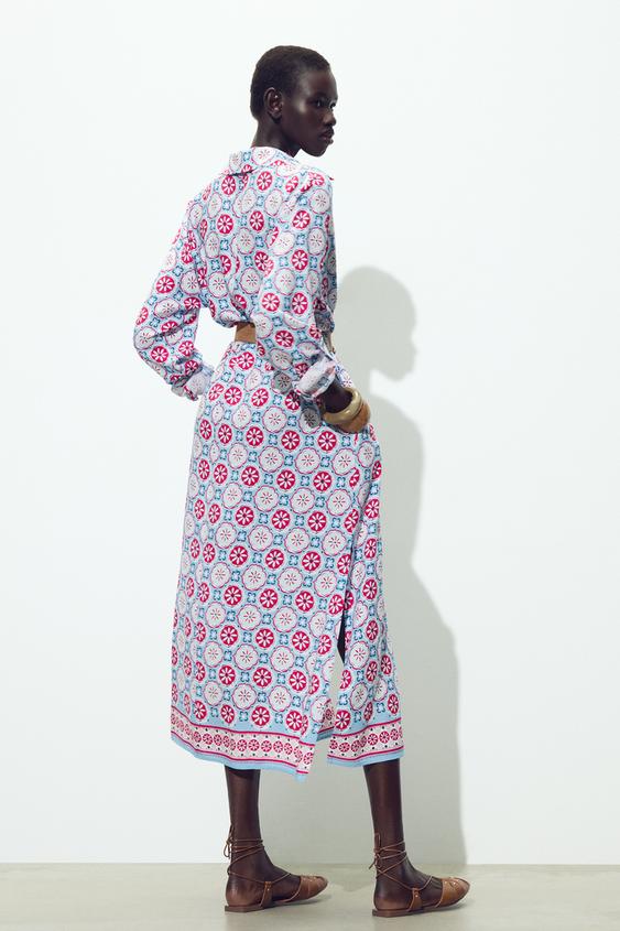 ZARA BELTED PRINT MIDI DRESS