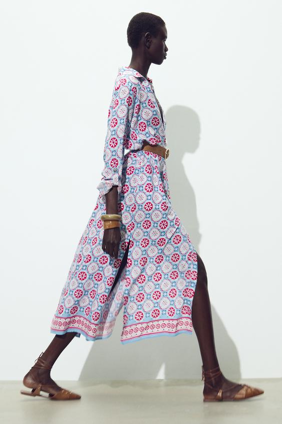 ZARA BELTED PRINT MIDI DRESS