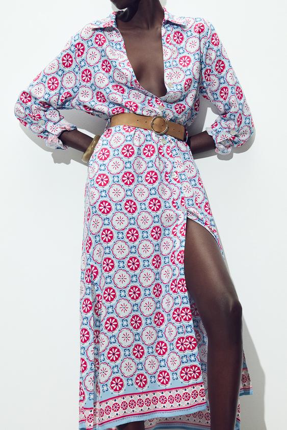 ZARA BELTED PRINT MIDI DRESS