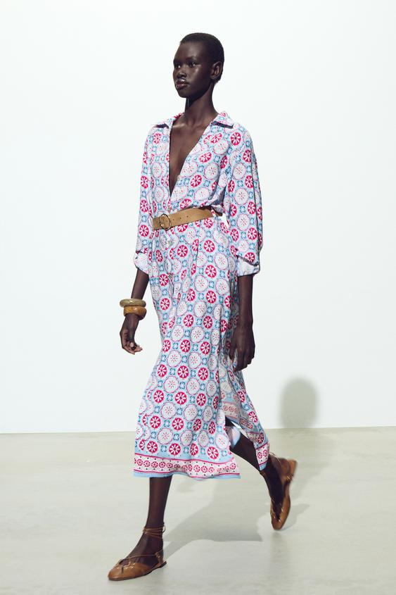 ZARA BELTED PRINT MIDI DRESS