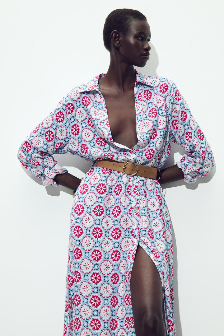 ZARA BELTED PRINT MIDI DRESS