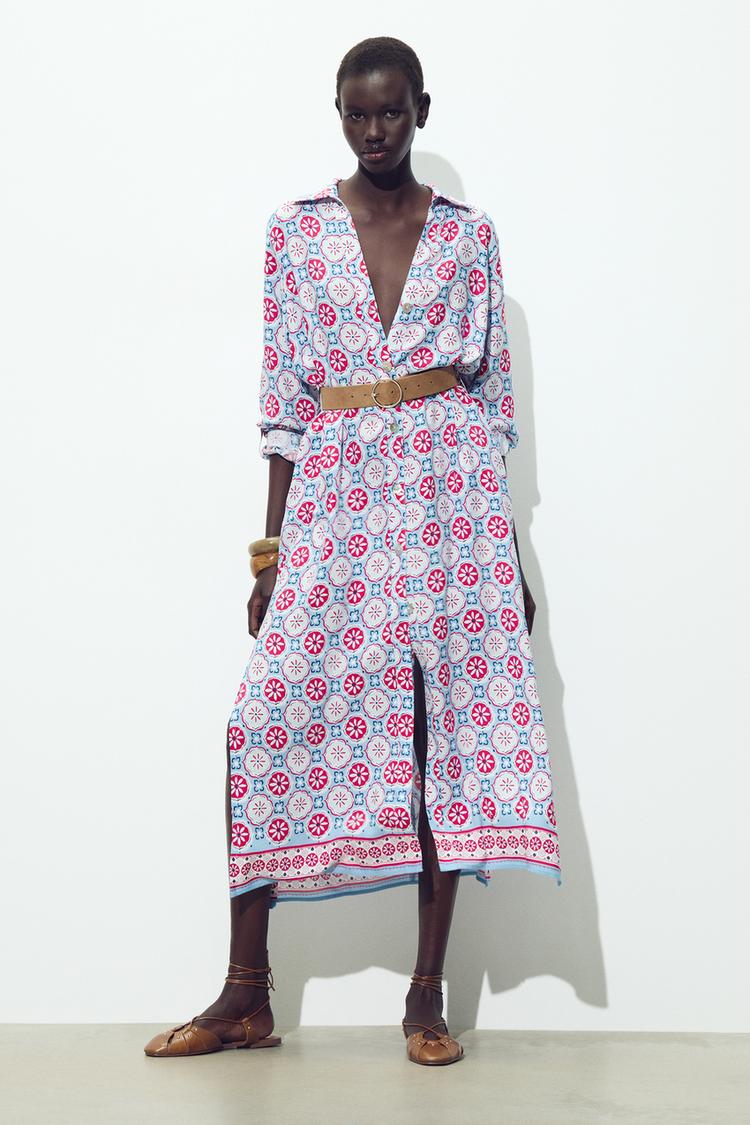 ZARA BELTED PRINT MIDI DRESS