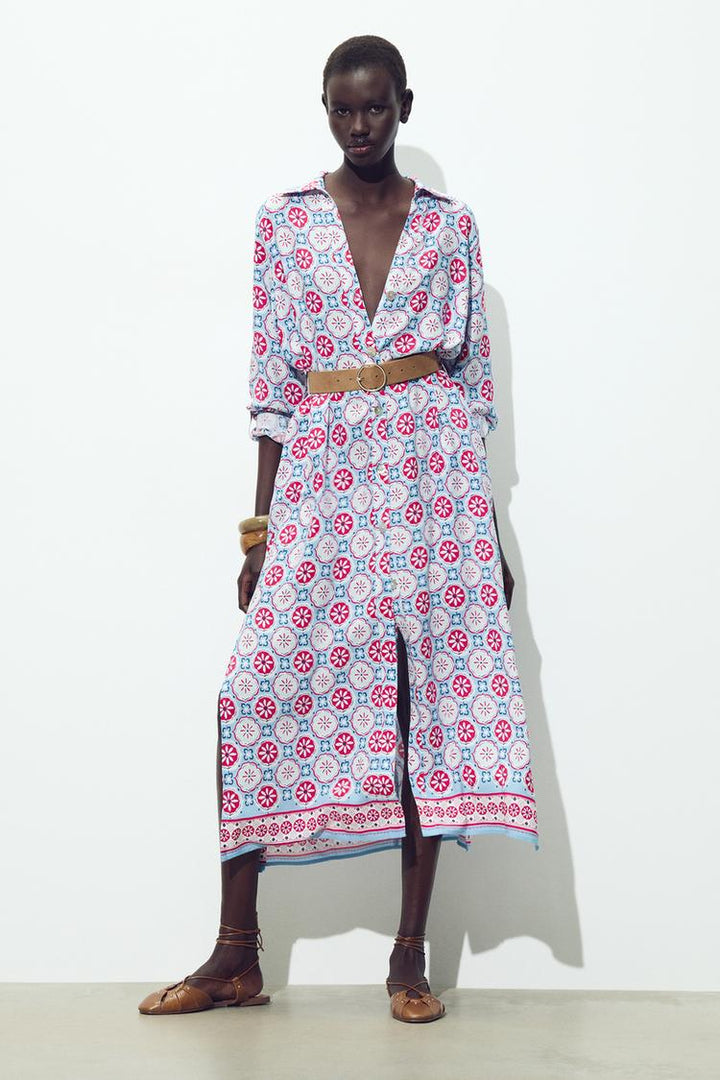 ZARA BELTED PRINT MIDI DRESS