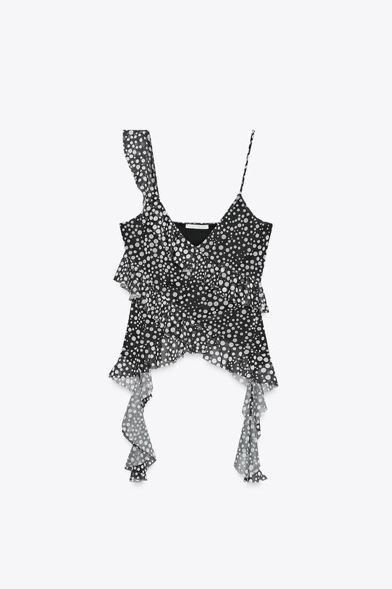ZARA PRINTED TULLE RUFFLE TOP