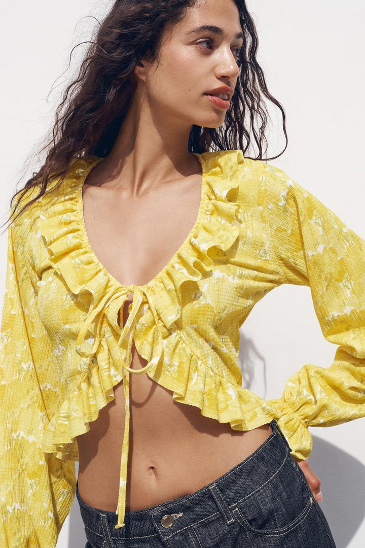 ZARA RUFFLED V-NECK TOP