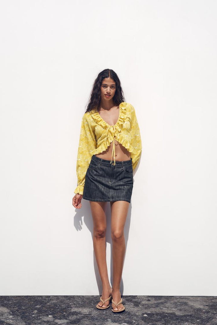 ZARA RUFFLED V-NECK TOP