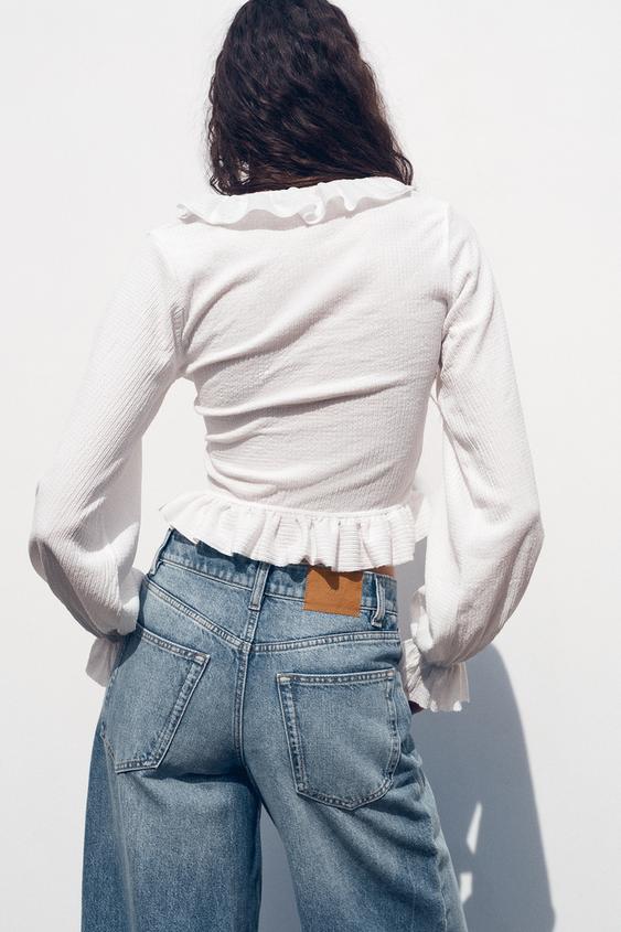 ZARA RUFFLED V-NECK TOP