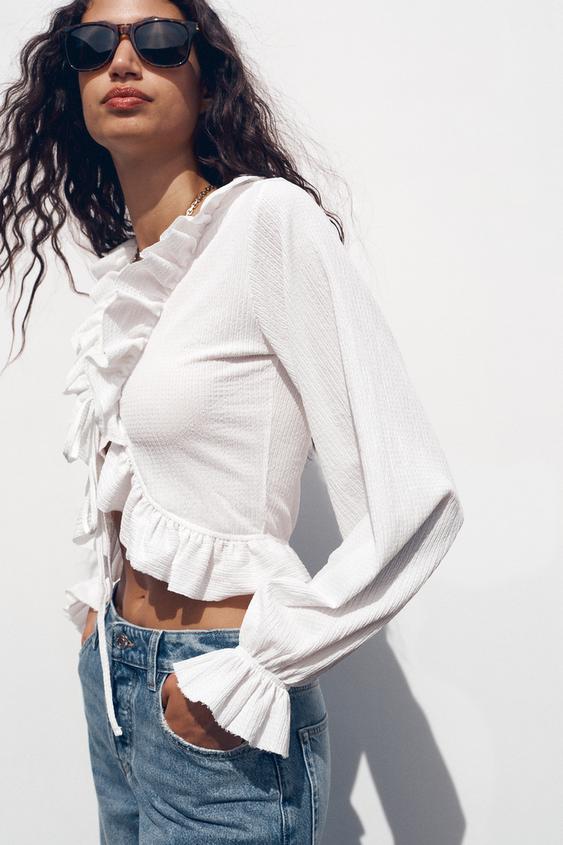 ZARA RUFFLED V-NECK TOP