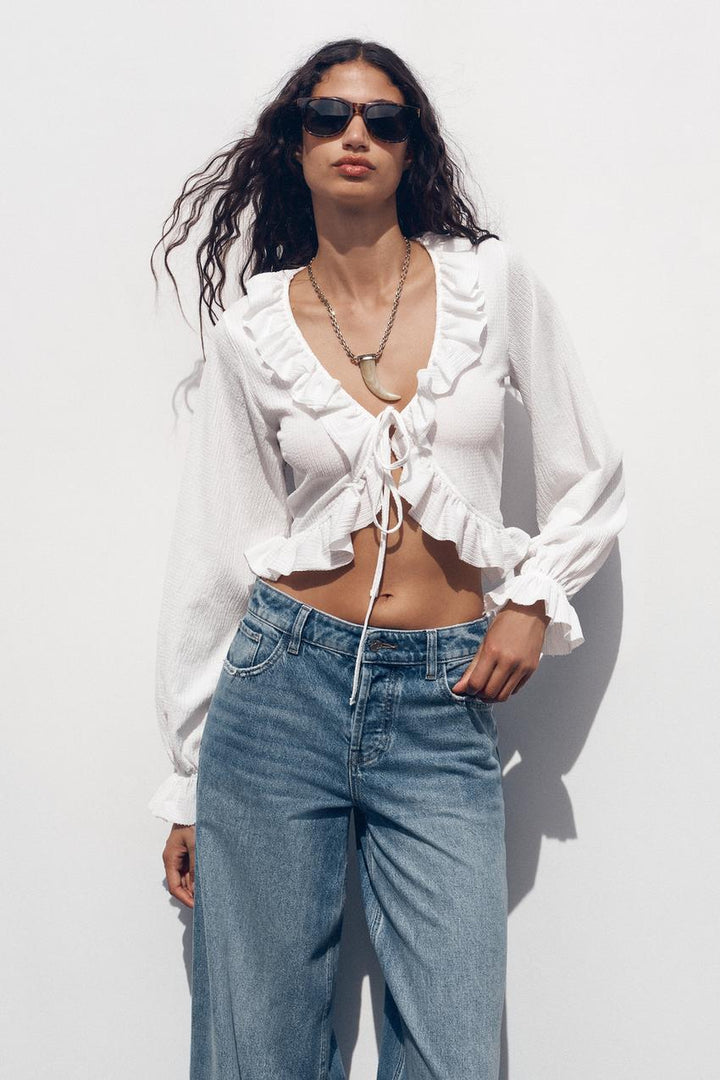ZARA RUFFLED V-NECK TOP