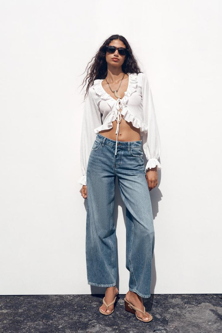 ZARA RUFFLED V-NECK TOP