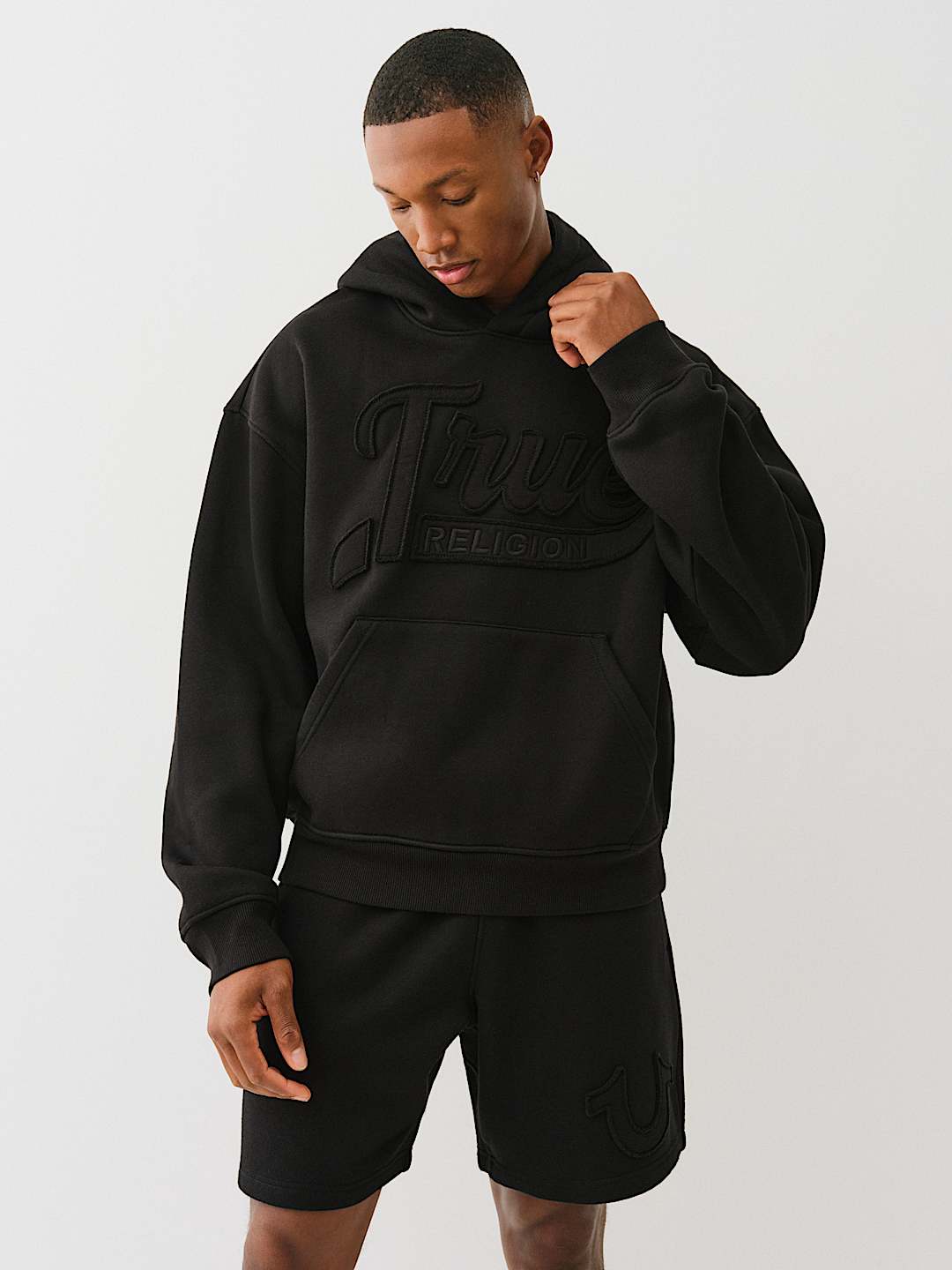 TRUE RELIGION CINCHED LOGO APPLIQUE HOODIE
