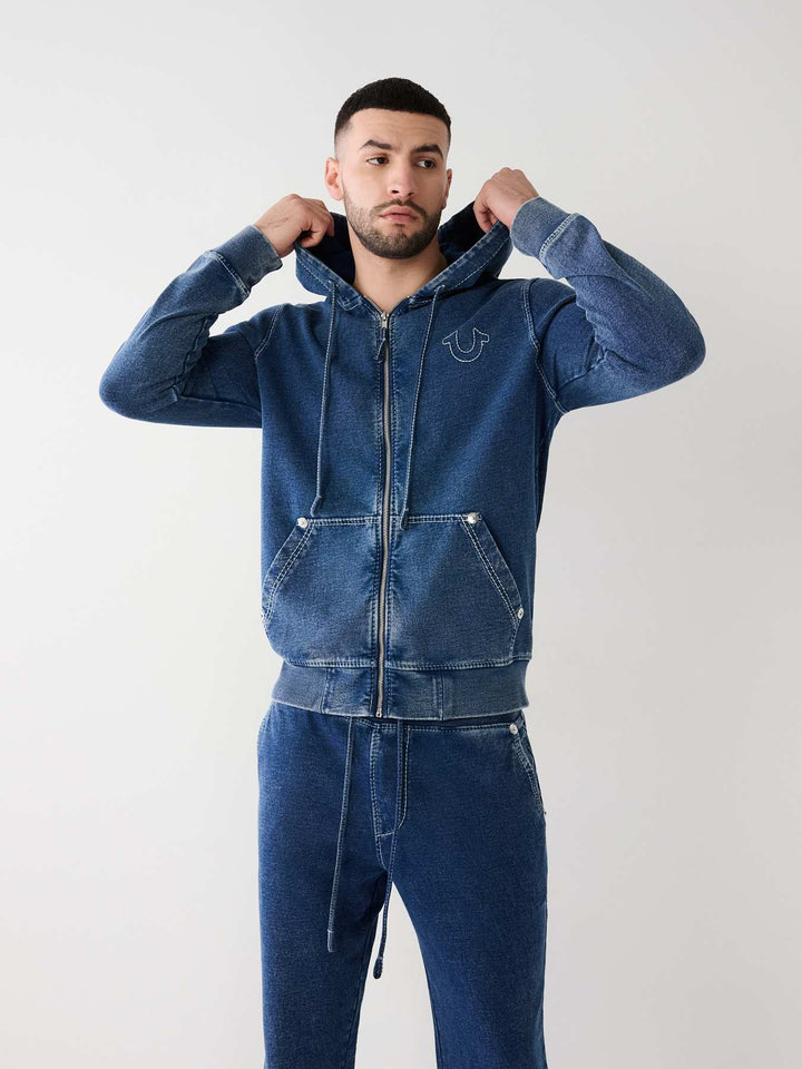 TRUE RELIGION INDIGO BIG T ZIP HOODIE