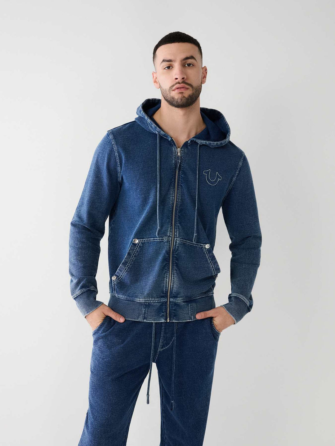 TRUE RELIGION INDIGO BIG T ZIP HOODIE