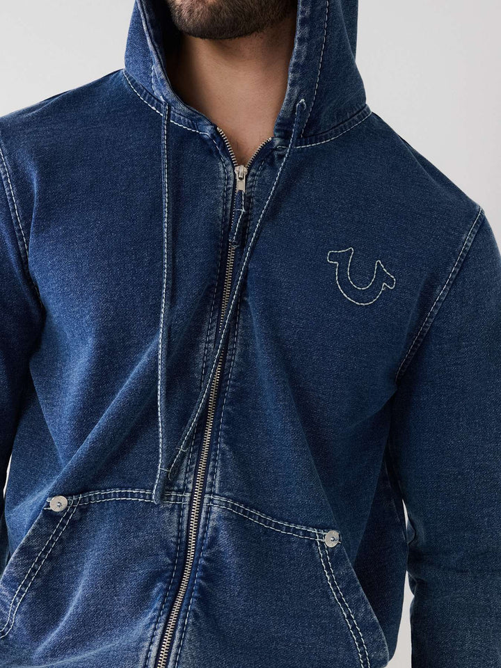 TRUE RELIGION INDIGO BIG T ZIP HOODIE