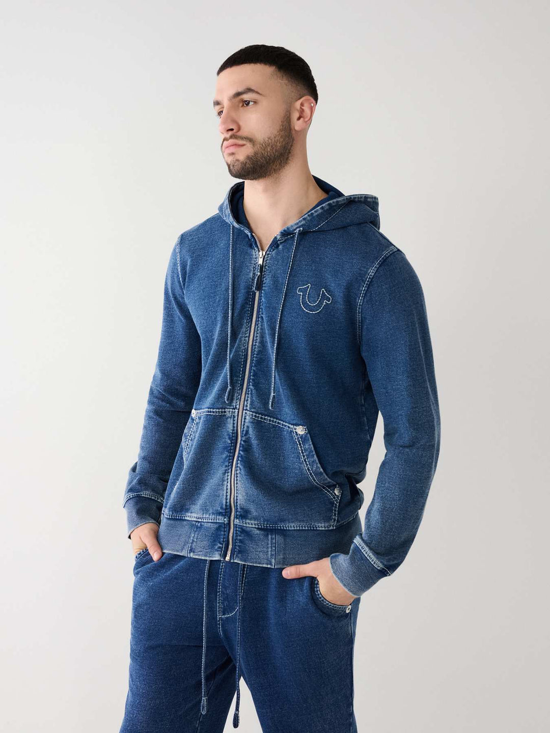 TRUE RELIGION INDIGO BIG T ZIP HOODIE