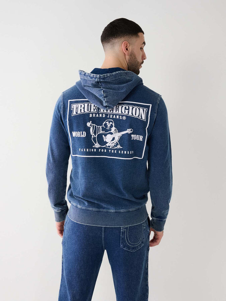 TRUE RELIGION INDIGO BIG T ZIP HOODIE