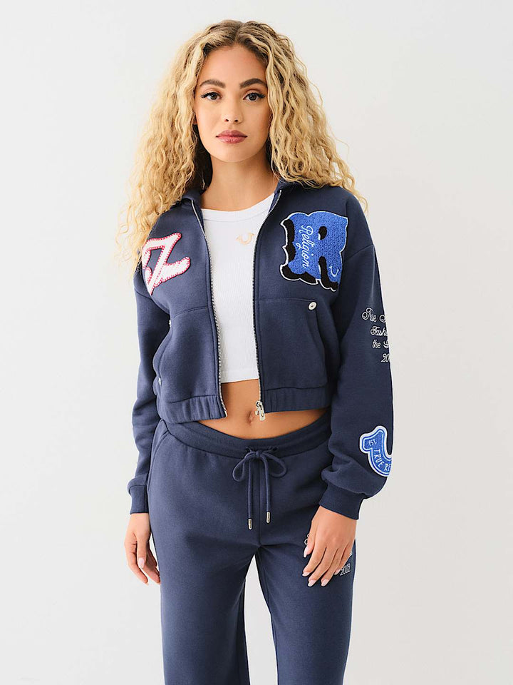 TRUE RELIGION CRYSTAL PATCH ZIP VARSITY HOODIE