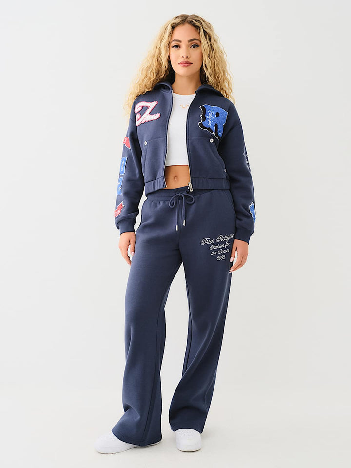 TRUE RELIGION CRYSTAL PATCH ZIP VARSITY HOODIE