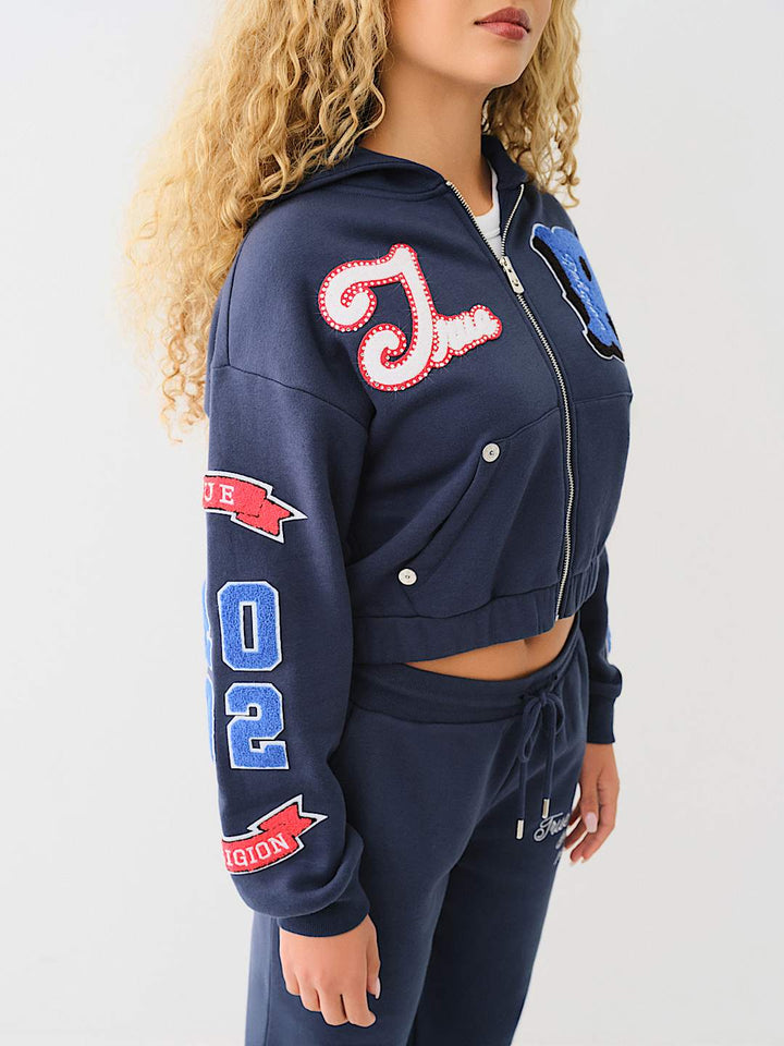 TRUE RELIGION CRYSTAL PATCH ZIP VARSITY HOODIE