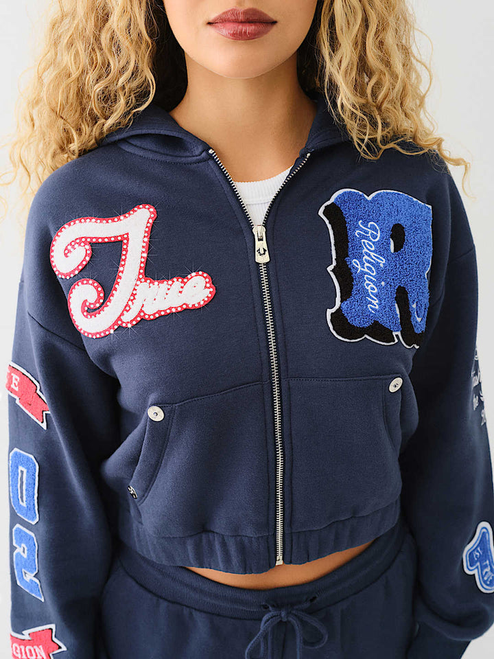 TRUE RELIGION CRYSTAL PATCH ZIP VARSITY HOODIE