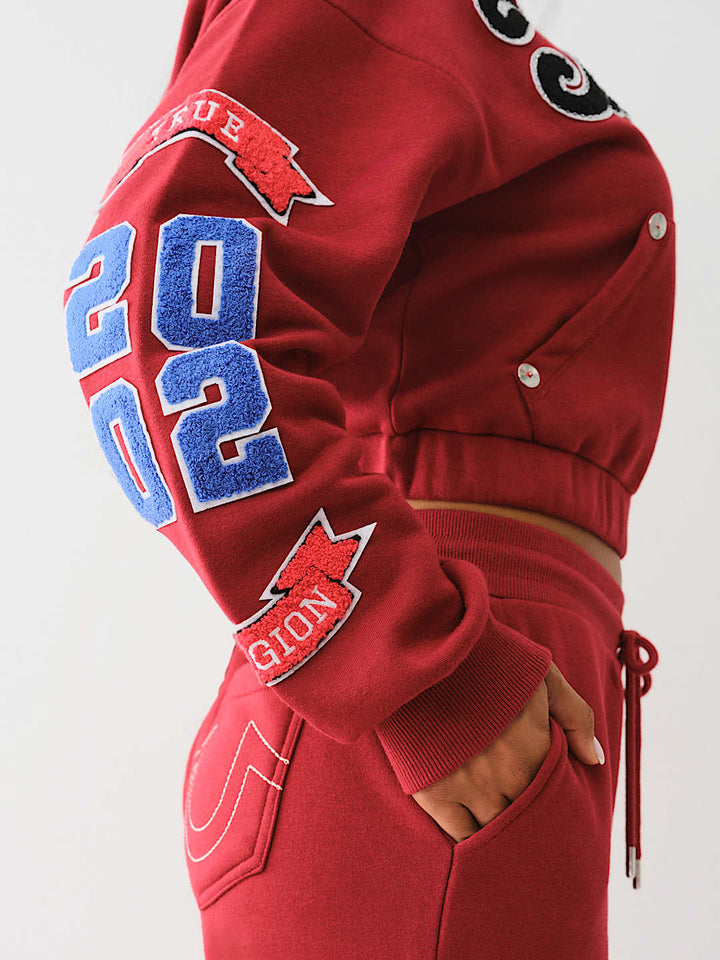 TRUE RELIGION CRYSTAL PATCH ZIP VARSITY HOODIE