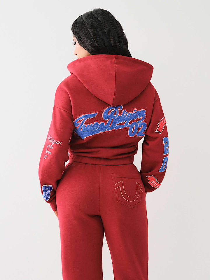 TRUE RELIGION CRYSTAL PATCH ZIP VARSITY HOODIE