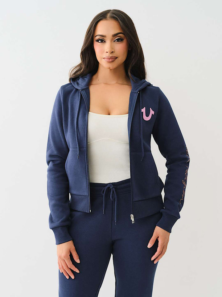 TRUE RELIGION CRYSTAL SCRIPT LOGO ZIP HOODIE