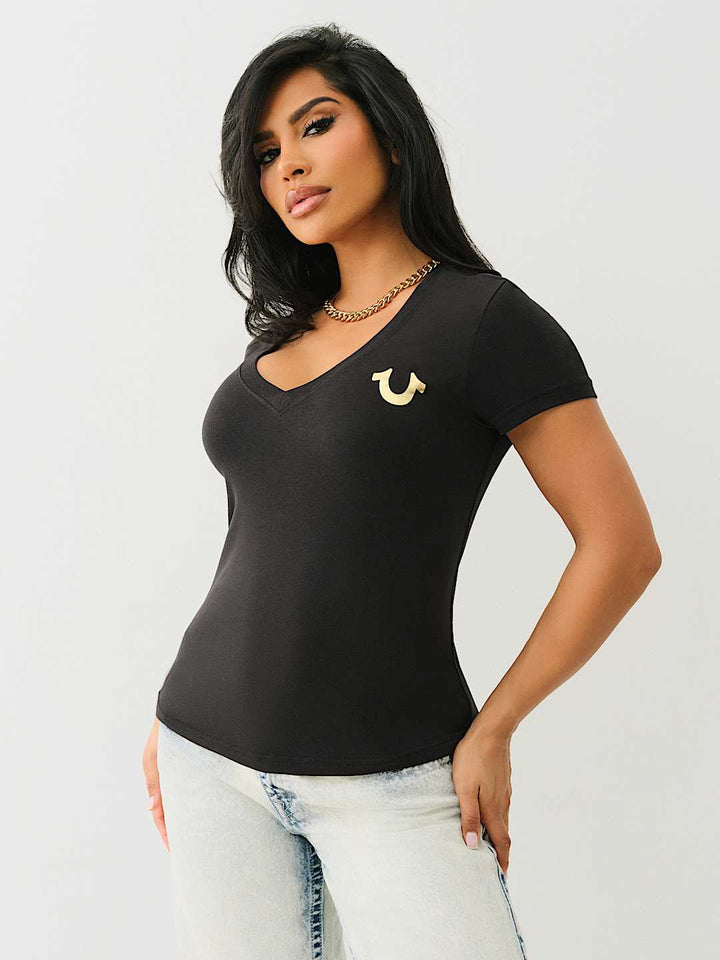 TRUE RELIGION CRYSTAL OUTLINE V NECK TEE