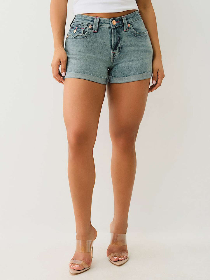 TRUE RELIGION JENNIE ‘I LOVE TRUE RELIGION’ ROLLED SHORT