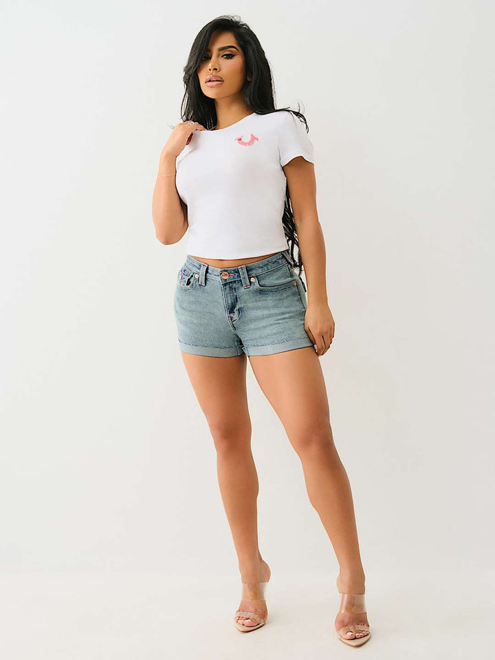 TRUE RELIGION JENNIE ‘I LOVE TRUE RELIGION’ ROLLED SHORT