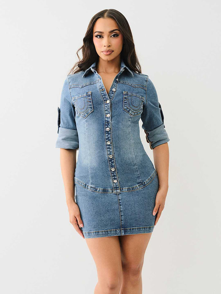 TRUE RELIGION Y2K MINI DENIM SHIRT DRESS
